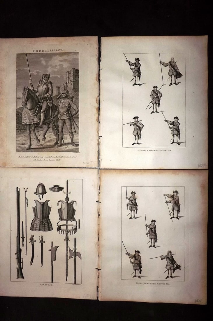 Grose, Francis 1801 Lot of 4 Antique Military Prints: Copper Plate Published 1801, London for "Military Antiquities Respecting a History of the English Army from the Conquest to the Present Time" by Francis Grose. Paper Size: 10.5 x 8 inch (27 x 21cm) Ve