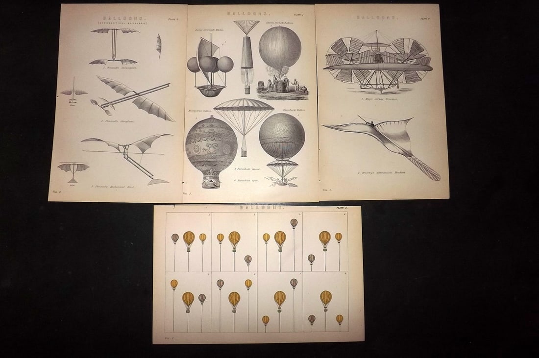 National Encyclopedia 1891 Lot of 4 Prints. Balloons: Engraving/Woodblock Published 1891-1901 by William Mackenzie, London for "The National Encyclopedia: A dictionary of Universal Knowledge" Paper Size: 10 x 6 inch (25 x 16cm) Good Condition