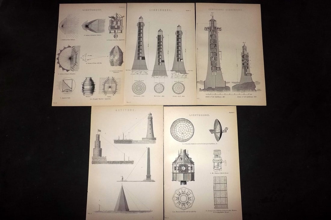 National Encyclopedia 1891 Lot of 5 Prints. Lighthouses: Engraving/Woodblock Published 1891-1901 by William Mackenzie, London for "The National Encyclopedia: A dictionary of Universal Knowledge" Paper Size: 10 x 6 inch (25 x 16cm) Good Condition