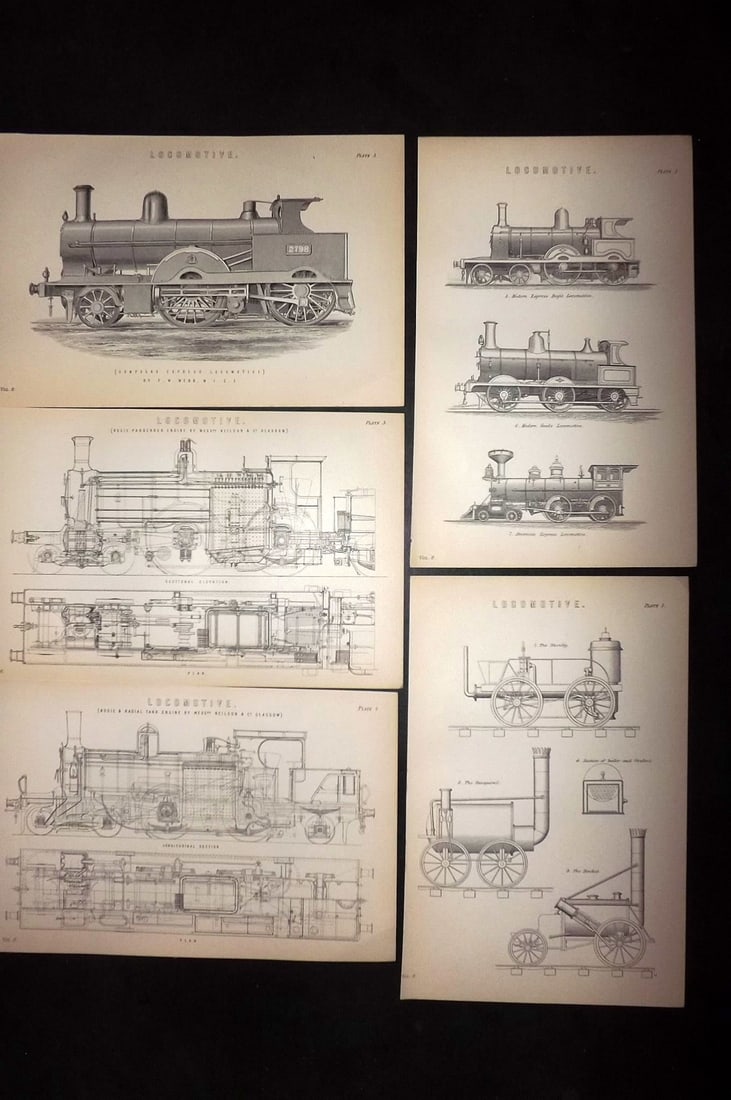 National Encyclopedia 1891 Lot of 5 Prints. Locomotives Trains: Engraving/Woodblock Published 1891-1901 by William Mackenzie, London for "The National Encyclopedia: A dictionary of Universal Knowledge" Paper Size: 10 x 6 inch (25 x 16cm) Good Condition
