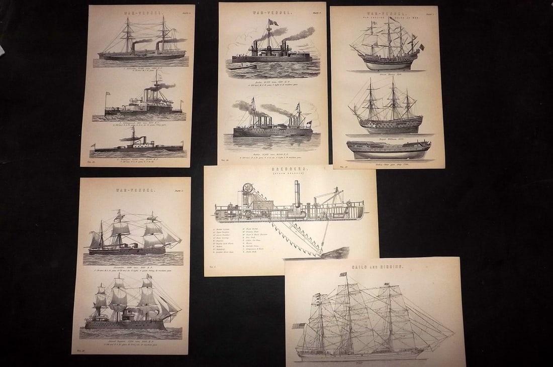 National Encyclopedia 1891 Lot of 6 Antique Ship Prints: Engraving/Woodblock Published 1891-1901 by William Mackenzie, London for "The National Encyclopedia: A dictionary of Universal Knowledge" Paper Size: 10 x 6 inch (25 x 16cm) Good Condition
