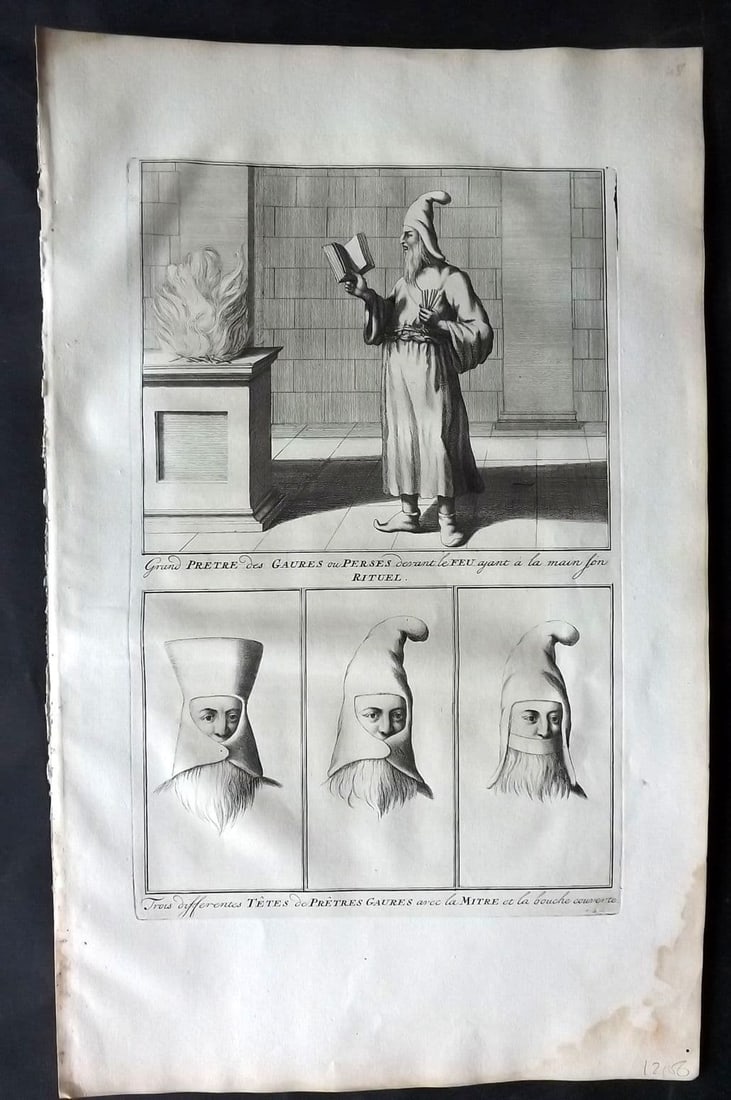 Picart, Bernard 1728 Folio Antique Print. Persian Priests and Military Guard: Antique Folio Copper Plate Published 1723-43 [1728] Amsterdam for "Ceremonies et coutumes religieuses de peuples idolatres" by Bernard Picart. Paper Size: 18 x 11 inch (46 x 28cm) Minor water stain in