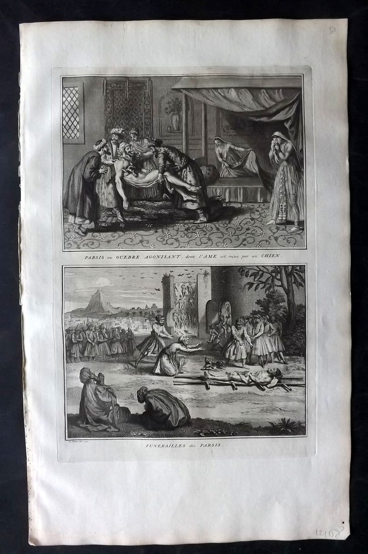 Picart, Bernard 1728 Folio Antique Print. Persian Funeral: Antique Folio Copper Plate Published 1723-43 [1728] Amsterdam for "Ceremonies et coutumes religieuses de peuples idolatres" by Bernard Picart. Paper Size: 18 x 11 inch (46 x 28cm) Good Condition