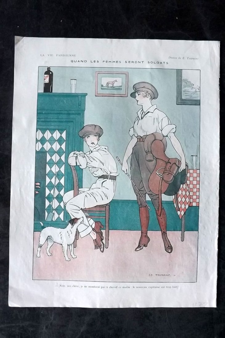 La Vie Parisienne 1916 Art Deco. Quand les Femmes seront soldats by Touraine: Vintage Lithograph Published 1863-1970 Paris for "La Vie Parisienne" Illustrated by Georges Barbier, Ch?ri H?rouard, Georges L?onnec and others. French Text to verso. Paper Size: 13.5 x 10.5 inch (34