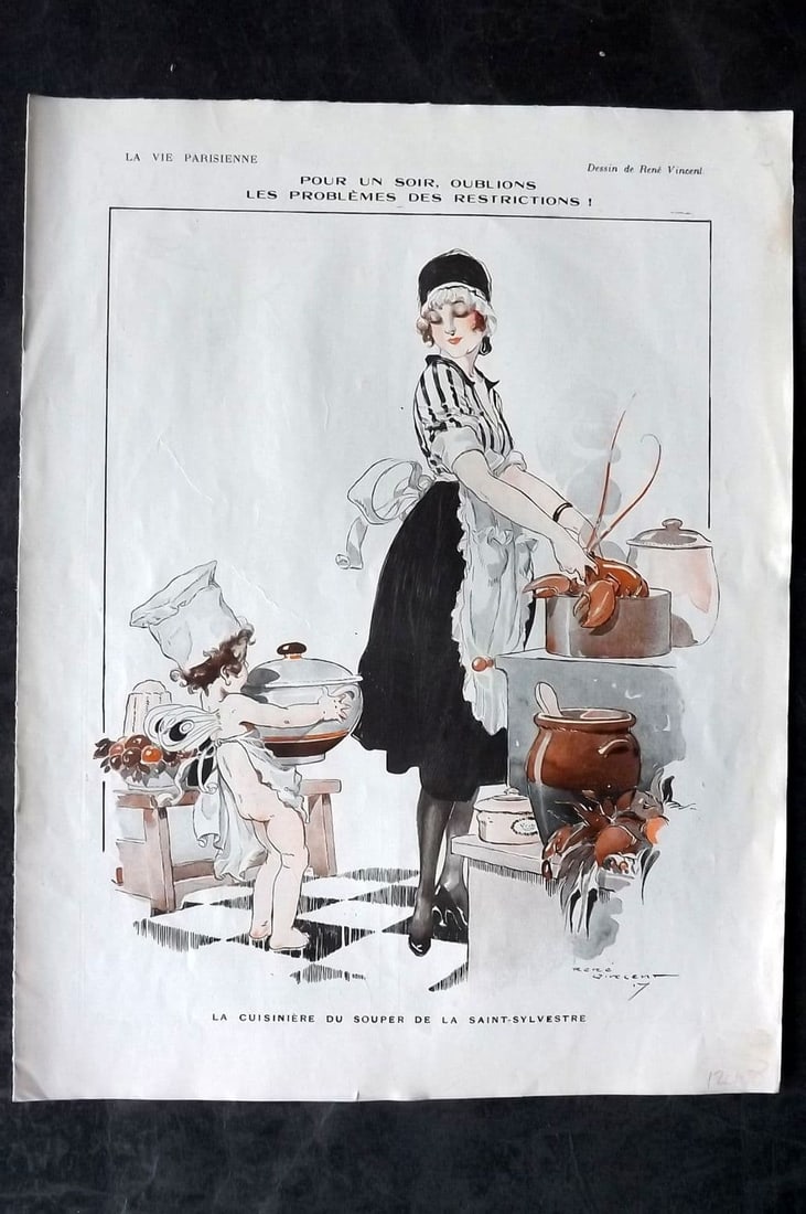 La Vie Parisienne 1917 Art Deco Print. Pour un Soir, Oublions by Rene Vincent: Vintage Lithograph Published 1863-1970 Paris for "La Vie Parisienne" Illustrated by Georges Barbier, Ch?ri H?rouard, Georges L?onnec and others. French Text to verso. Paper Size: 13.5 x 10.5 inch (34