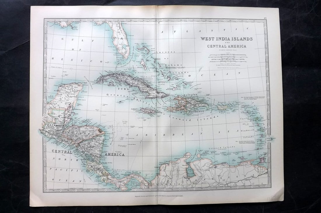 Johnston, Alexander 1906 Antique Map. West India Islands and Central America. West Indies (1 of 1)