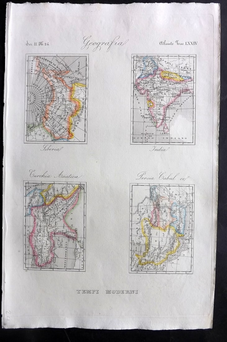 Marmocchi, F. C. 1845 Hand Col Map. Siberia, India, Asia Minor, Persia: Folio Hand Colored Etching/Engraving Published 1845, Florence for "Atlante di Geografia-Storica Universale" by Francesco C. Marmocchi. Paper Size: 17 x 11 inch (43 x 28cm) Good Condition