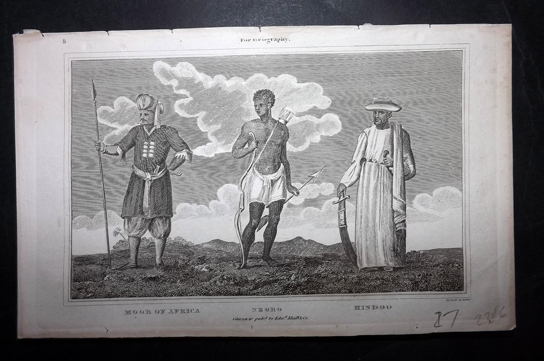 Glasgow Geography 1825 Print. Hindu, Negro, Moor of Africa: Copper Plate Published 1825, Glasgow for "The Glasgow Geography?" by Several Literary Gentleman. Paper Size: 8.5 x 5 inch (22 x 13cm) Good Condition