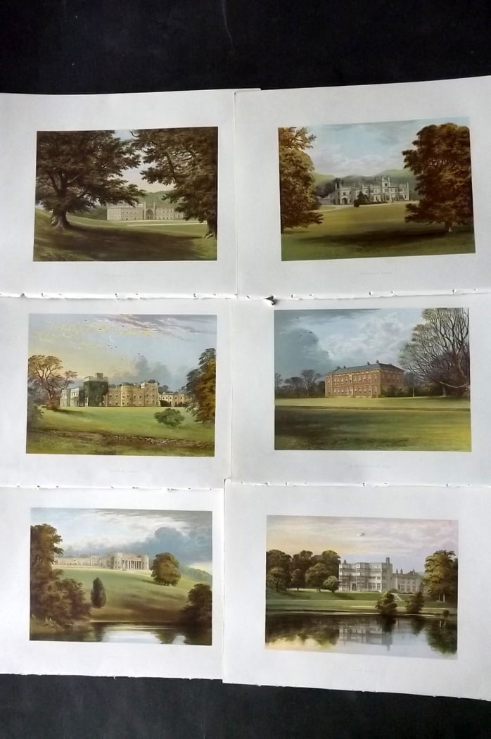 Morris Seats C1870 Lot of 6 British Color Woodblock Views: Color Printed Woodblock Published 1866-1880 by William Mckenzie, London for "Picturesque Views of Seats of Noblemen and Gentlemen of Great Britain and Ireland" by the Rev. F. O. Morris. Printed by Ben