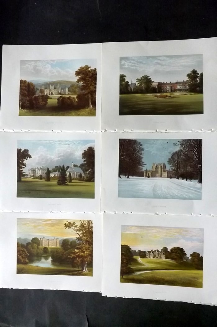 Morris Seats C1870 Lot of 6 British Color Woodblock Views: Color Printed Woodblock Published 1866-1880 by William Mckenzie, London for "Picturesque Views of Seats of Noblemen and Gentlemen of Great Britain and Ireland" by the Rev. F. O. Morris. Printed by Ben