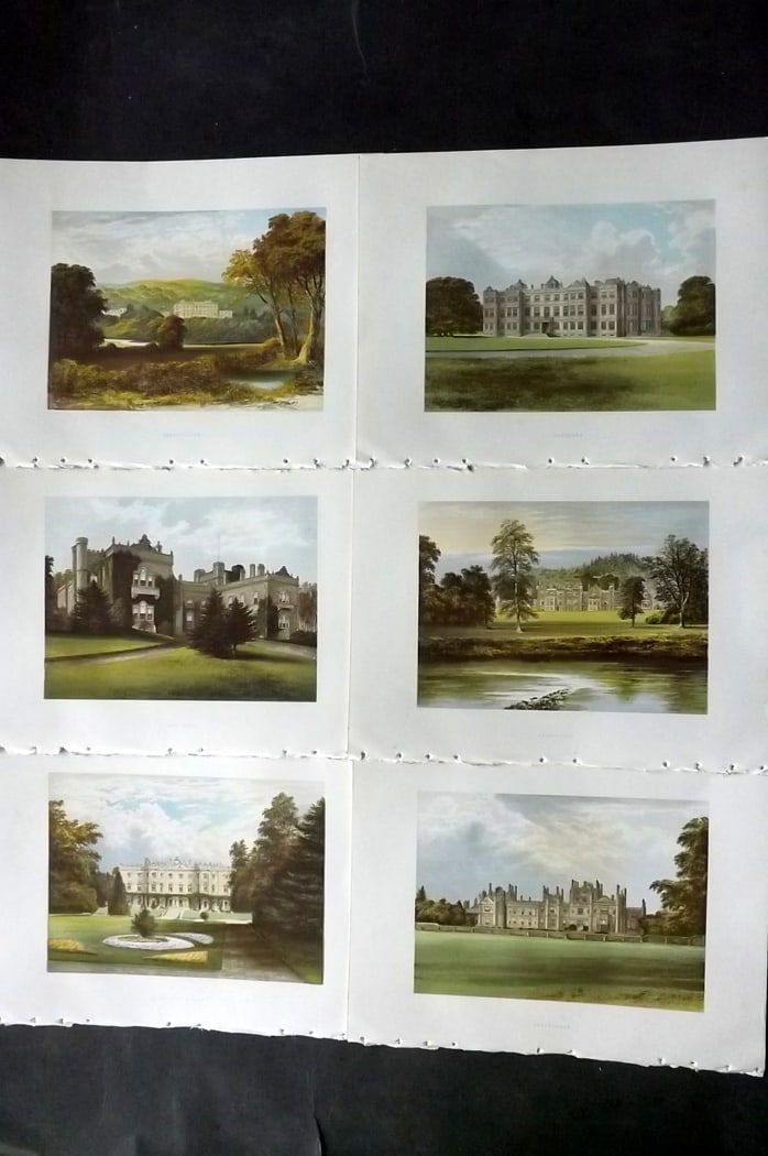 Morris Seats C1870 Lot of 6 British Color Woodblock Views: Color Printed Woodblock Published 1866-1880 by William Mckenzie, London for "Picturesque Views of Seats of Noblemen and Gentlemen of Great Britain and Ireland" by the Rev. F. O. Morris. Printed by Ben