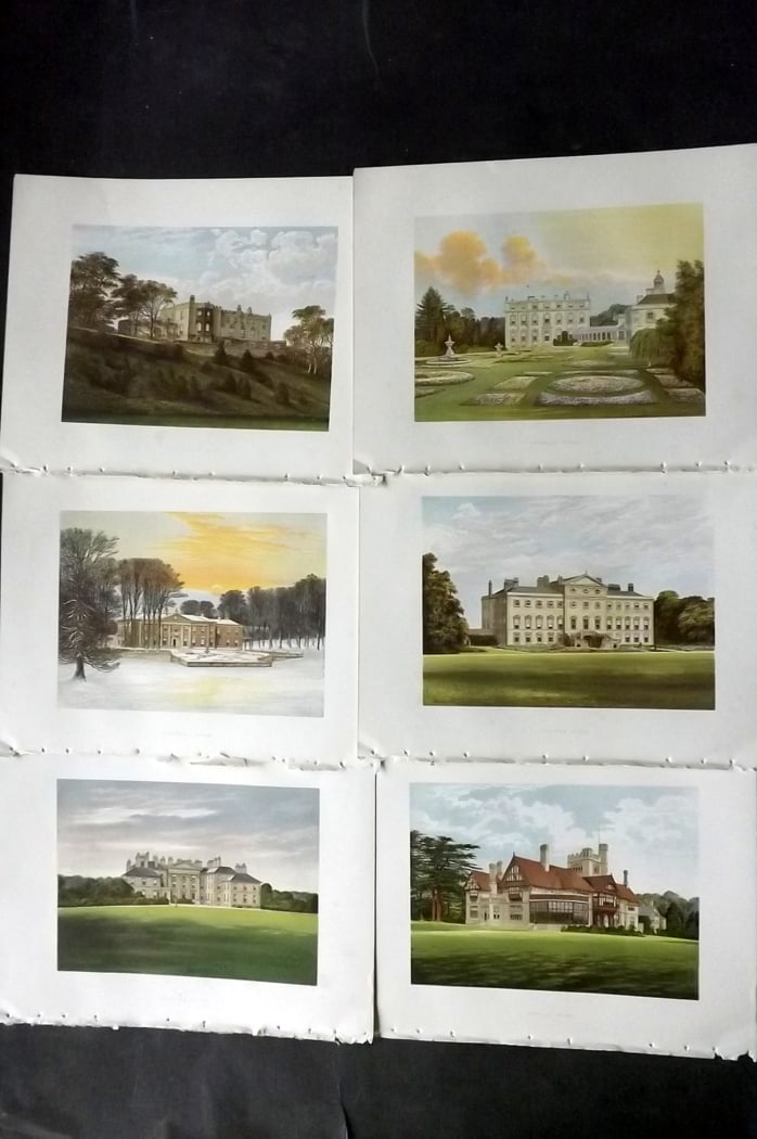 Morris Seats C1870 Lot of 6 British Color Woodblock Views: Color Printed Woodblock Published 1866-1880 by William Mckenzie, London for "Picturesque Views of Seats of Noblemen and Gentlemen of Great Britain and Ireland" by the Rev. F. O. Morris. Printed by Ben