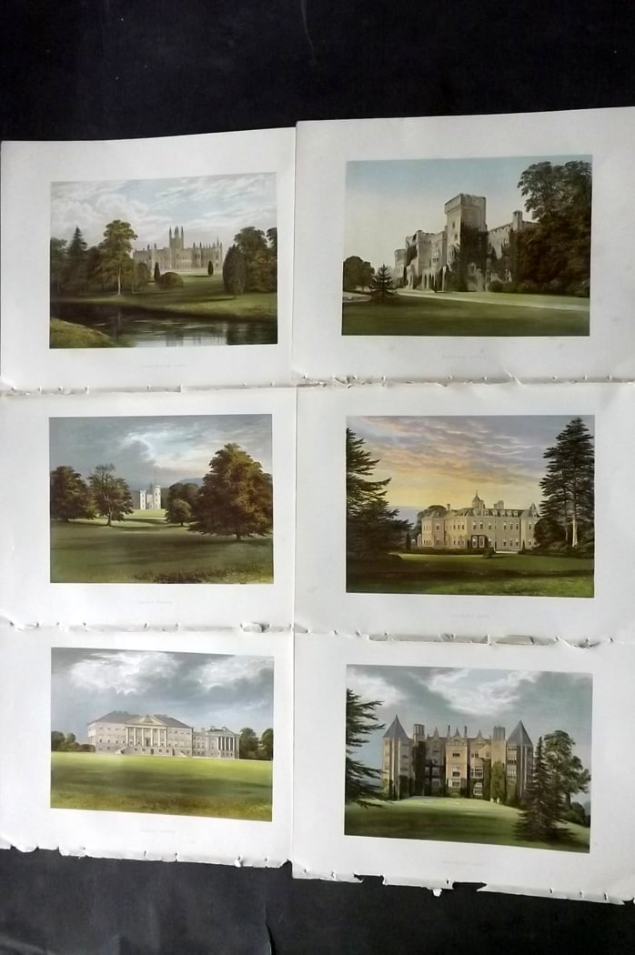 Morris Seats C1870 Lot of 6 British Color Woodblock Views: Color Printed Woodblock Published 1866-1880 by William Mckenzie, London for "Picturesque Views of Seats of Noblemen and Gentlemen of Great Britain and Ireland" by the Rev. F. O. Morris. Printed by Ben