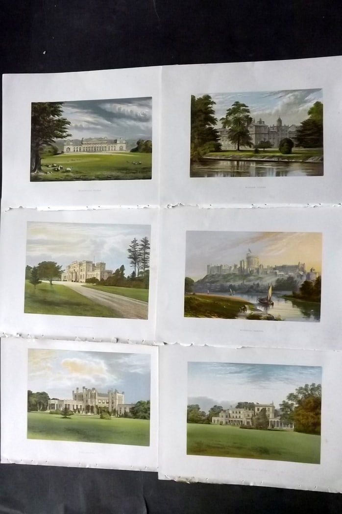 Morris Seats C1870 Lot of 6 British Color Woodblock Views: Color Printed Woodblock Published 1866-1880 by William Mckenzie, London for "Picturesque Views of Seats of Noblemen and Gentlemen of Great Britain and Ireland" by the Rev. F. O. Morris. Printed by Ben
