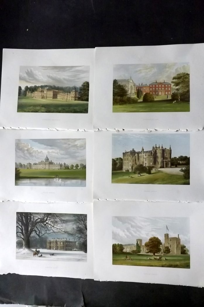 Morris Seats C1870 Lot of 6 British Color Woodblock Views: Color Printed Woodblock Published 1866-1880 by William Mckenzie, London for "Picturesque Views of Seats of Noblemen and Gentlemen of Great Britain and Ireland" by the Rev. F. O. Morris. Printed by Ben