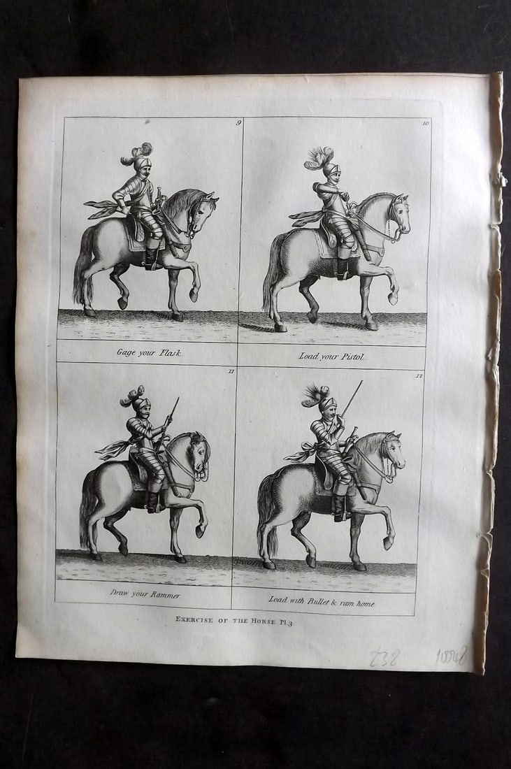 Grose, Francis 1801 Antique Military Print. Exercise of the Horse 03: Copper Plate Published 1801, London for "Military Antiquities Respecting a History of the English Army from the Conquest to the Present Time" by Francis Grose. Paper Size: 10.5 x 8 inch (27 x 21cm) Go