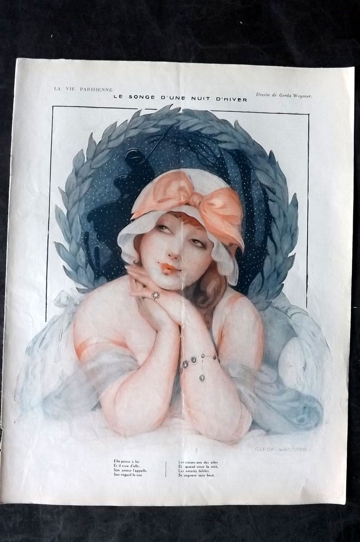 La Vie Parisienne 1917 Art Deco Print. Le Songe d'Une Nuit d'Hiver Gerda Wegener: Vintage Lithograph Published 1863-1970 Paris for "La Vie Parisienne" Illustrated by Georges Barbier, Ch?ri H?rouard, Georges L?onnec and others. French Text to verso. Paper Size: 13.5 x 10.5 inch (34