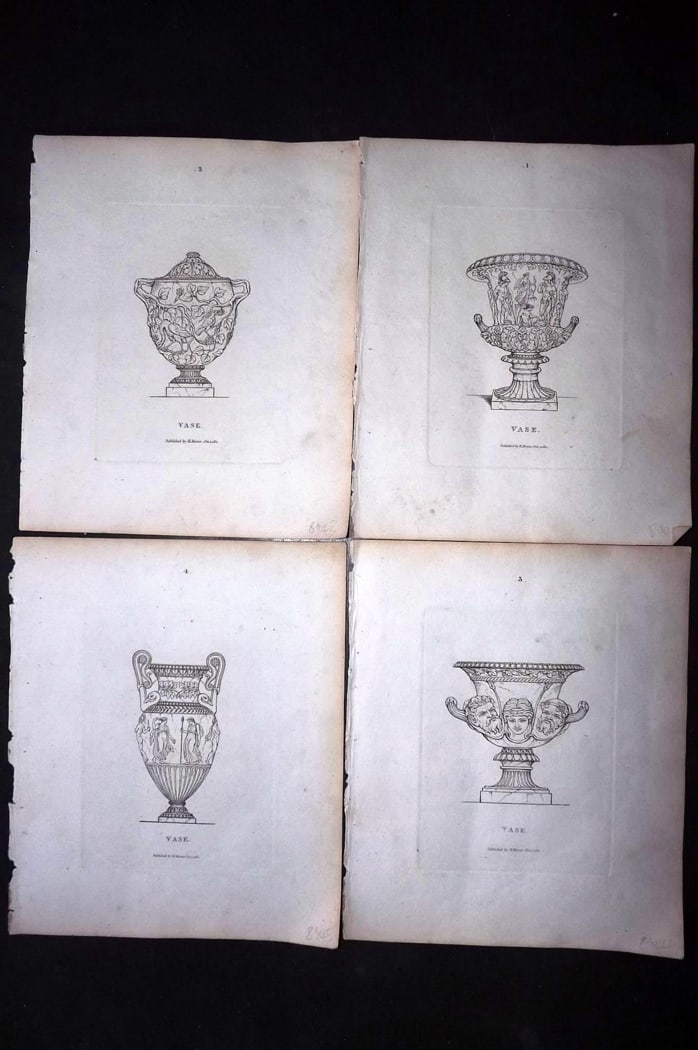 Moses, Henry 1814 Lot of 4 Prints. Vases: Etching Published Published 1814, London for "A Collection of Antique Vases..." First Edition by Henry Moses. Paper Size: 8 x 7 inch (21 x 18cm) Good Condition overall