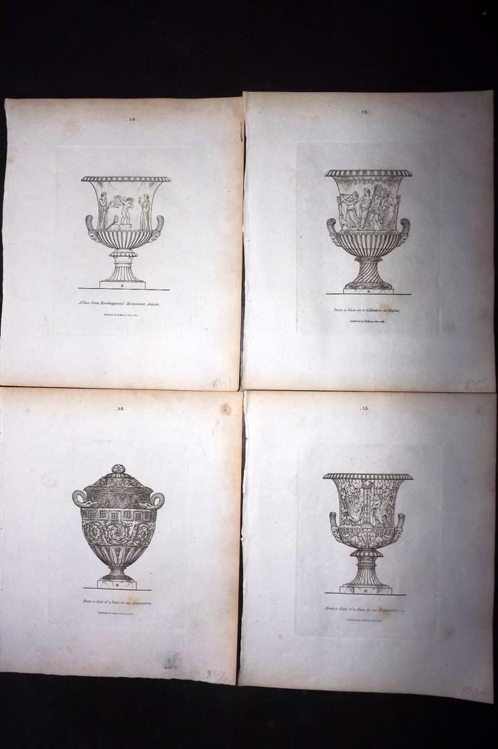 Moses, Henry 1814 Lot of 4 Prints. Vases: Etching Published Published 1814, London for "A Collection of Antique Vases..." First Edition by Henry Moses. Paper Size: 8 x 7 inch (21 x 18cm) Good Condition overall