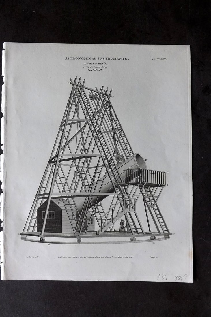 Rees, Abraham 1820 Astronomy Print. Herschel's Forty Foot Telescope (1 of 1)