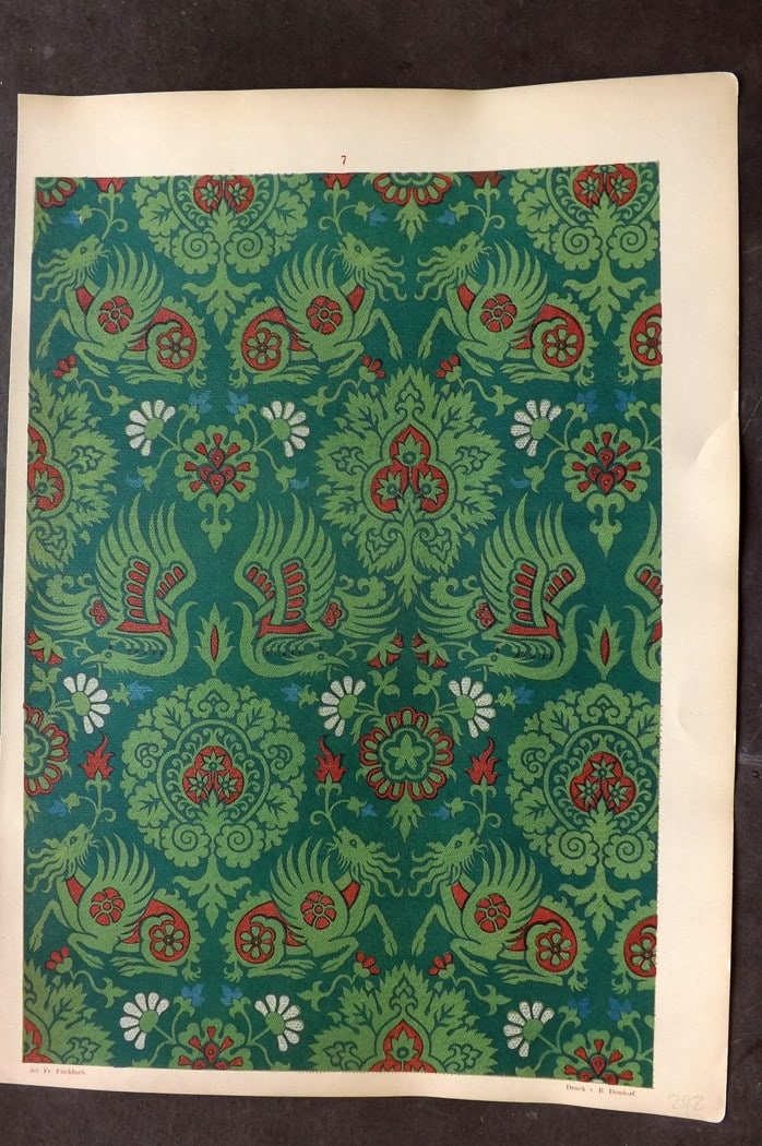 Fischbach, Frederick 1884 Folio Textile Print 07: Folio Chromolithograph Published 1882-84, London for "Ornament of Textile Fabrics" by Frederick Fischbach. Scarce. Paper Size: 17 x 12 inch (43 x 30cm) Good Condition
