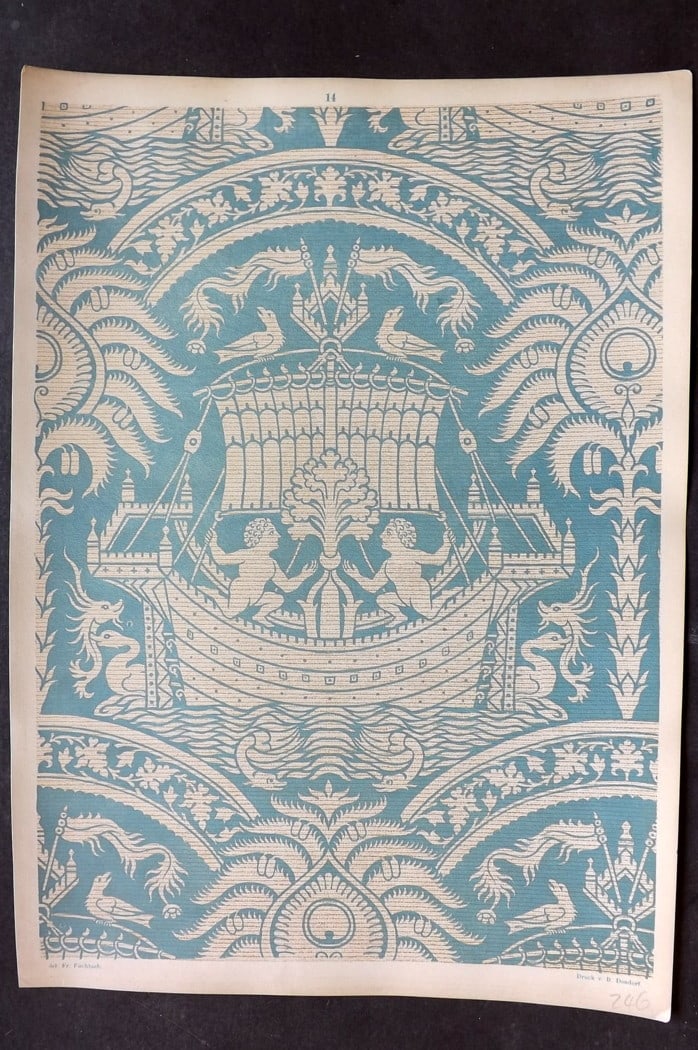 Fischbach, Frederick 1884 Folio Textile Print 14: Folio Chromolithograph Published 1882-84, London for "Ornament of Textile Fabrics" by Frederick Fischbach. Scarce. Paper Size: 17 x 12 inch (43 x 30cm) Good Condition