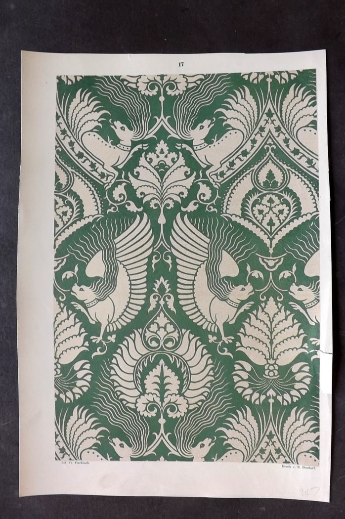 Fischbach, Frederick 1884 Folio Textile Print 17: Folio Chromolithograph Published 1882-84, London for "Ornament of Textile Fabrics" by Frederick Fischbach. Scarce. Paper Size: 16 x 10.5 inch (40 x 27cm) Margins slightly trimmed. Good Condition
