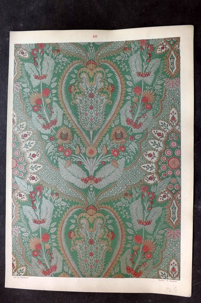 Fischbach, Frederick 1884 Folio Textile Print 112: Folio Chromolithograph Published 1882-84, London for "Ornament of Textile Fabrics" by Frederick Fischbach. Scarce. Paper Size: 17 x 12 inch (43 x 30cm) Good Condition