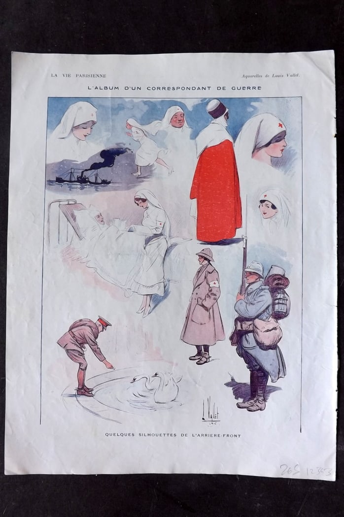 La Vie Parisienne 1916 Print. L'Album d'un Correspondant de Guerre by Vallet: Lithograph Published 1916, Paris for "La Vie Parisienne" Illustrated by Lissac, Barbier, Vallet, Valee, Prejelan, Herouard, Fournier, Kuhn-Regnier, Georges L?onnec and others. Verso text, but none sho