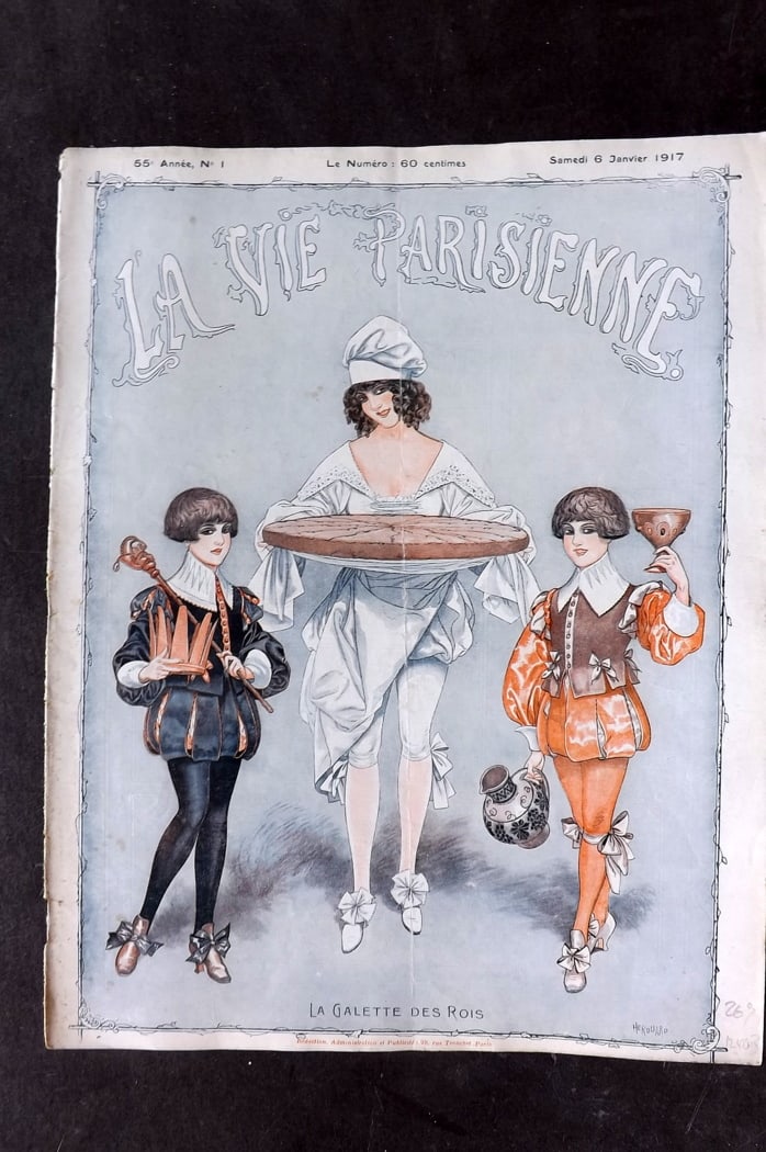 La Vie Parisienne 1917 Art Deco Print. La Galette des Rois by Herouard: Lithograph Published 1917, Paris for "La Vie Parisienne" Illustrated by Lissac, Barbier, Vallet, Valee, Prejelan, Herouard, Fournier, Kuhn-Regnier, Georges L?onnec and others. Verso text, but none sho
