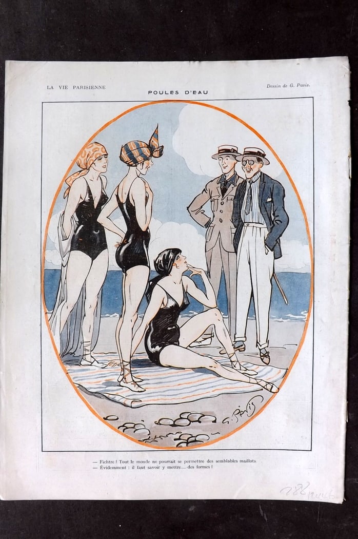 La Vie Parisienne 1919 Art Deco Print. Poules d'Eau by Pavis: Lithograph Published 1919, Paris for "La Vie Parisienne" Illustrated by Lissac, Barbier, Vallet, Valee, Prejelan, Herouard, Fournier, Kuhn-Regnier, Georges L?onnec and others. Verso text, but none sho
