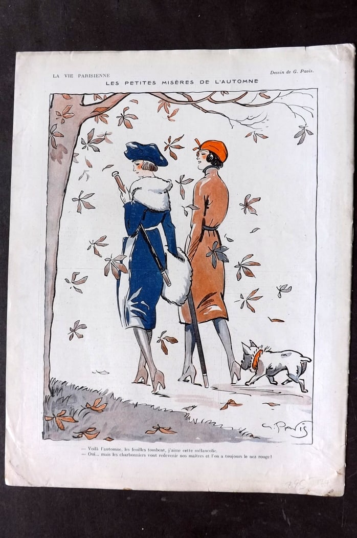 La Vie Parisienne 1919 Art Deco Print. Les Petites Miseres de L'Automne by Pavis: Lithograph Published 1919, Paris for "La Vie Parisienne" Illustrated by Lissac, Barbier, Vallet, Valee, Prejelan, Herouard, Fournier, Kuhn-Regnier, Georges L?onnec and others. Paper Size: 13 x 10 inch