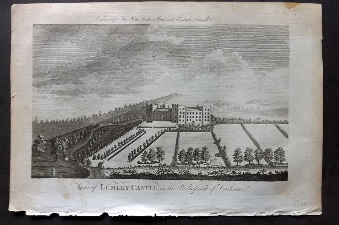 Burlington, Charles 1779 Folio Print. Lumley Castle in Durham: Folio Copper Plate Published 1779 by J. Cooke, London for "The Modern Universal British Traveller or, a New, Complete, and Accurate tour Through England, Wales, Scotland, and the Neighbouring Islands"