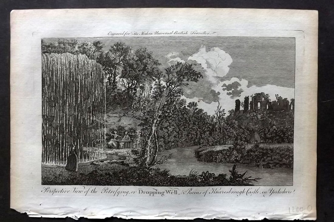 Burlington, Charles 1779 Print. Drooping Well, Ruins of Knaresborough Castle, Yorkshire: Folio Copper Plate Published 1779 by J. Cooke, London for "The Modern Universal British Traveller or, a New, Complete, and Accurate tour Through England, Wales, Scotland, and the Neighbouring Islands"