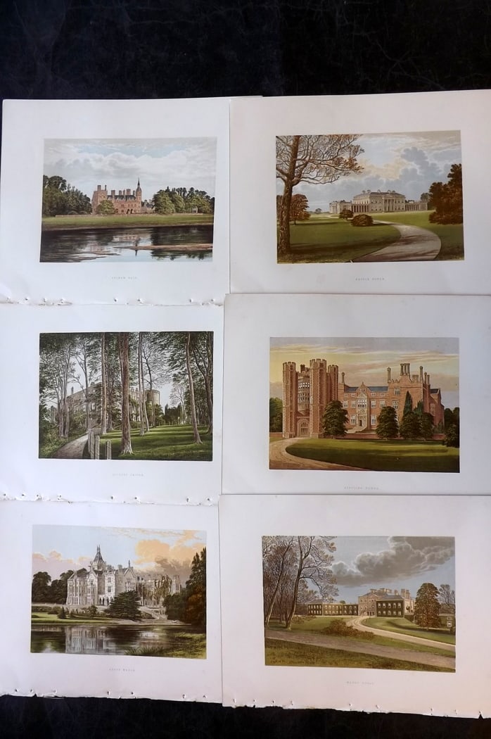 Morris Seats C1870 Lot of 6 British Color Woodblock Views: Color Printed Woodblock Published 1866-1880 by William Mckenzie, London for "Picturesque Views of Seats of Noblemen and Gentlemen of Great Britain and Ireland" by the Rev. F. O. Morris. Printed by Ben