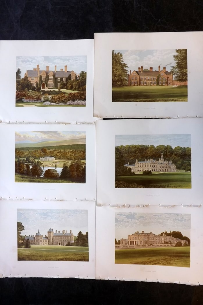 Morris Seats C1870 Lot of 6 British Color Woodblock Views: Color Printed Woodblock Published 1866-1880 by William Mckenzie, London for "Picturesque Views of Seats of Noblemen and Gentlemen of Great Britain and Ireland" by the Rev. F. O. Morris. Printed by Ben