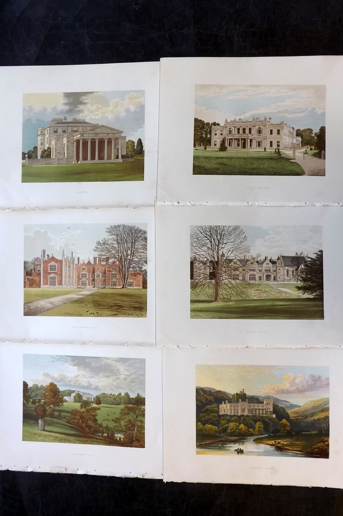 Morris Seats C1870 Lot of 6 British Color Woodblock Views: Color Printed Woodblock Published 1866-1880 by William Mckenzie, London for "Picturesque Views of Seats of Noblemen and Gentlemen of Great Britain and Ireland" by the Rev. F. O. Morris. Printed by Ben