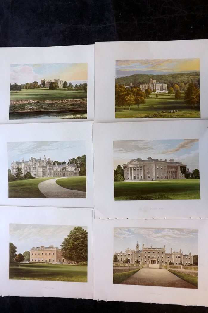 Morris Seats C1870 Lot of 6 British Color Woodblock Views: Color Printed Woodblock Published 1866-1880 by William Mckenzie, London for "Picturesque Views of Seats of Noblemen and Gentlemen of Great Britain and Ireland" by the Rev. F. O. Morris. Printed by Ben