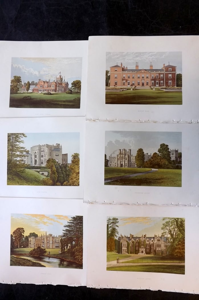 Morris Seats C1870 Lot of 6 British Color Woodblock Views: Color Printed Woodblock Published 1866-1880 by William Mckenzie, London for "Picturesque Views of Seats of Noblemen and Gentlemen of Great Britain and Ireland" by the Rev. F. O. Morris. Printed by Ben