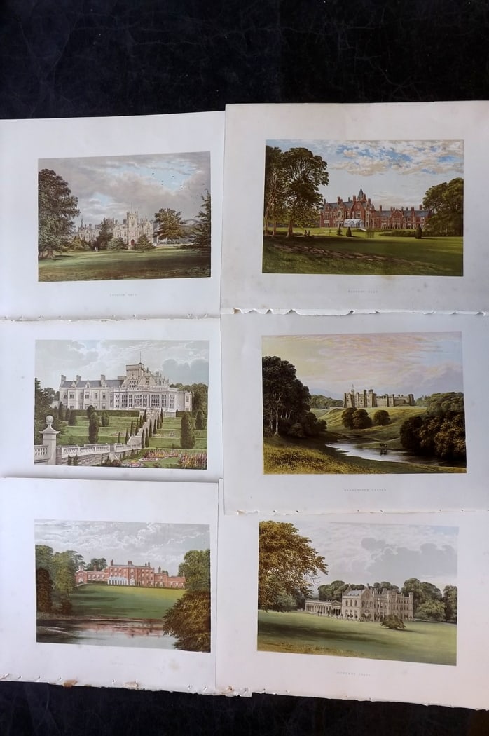 Morris Seats C1870 Lot of 6 British Color Woodblock Views: Color Printed Woodblock Published 1866-1880 by William Mckenzie, London for "Picturesque Views of Seats of Noblemen and Gentlemen of Great Britain and Ireland" by the Rev. F. O. Morris. Printed by Ben