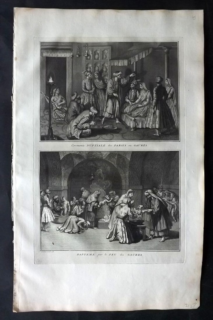 Picart, Bernard 1728 Folio Antique Print. Persian Marriage and Baptism: Antique Folio Copper Plate Published 1723-43 [1728] Amsterdam for "Ceremonies et coutumes religieuses de peuples idolatres" by Bernard Picart. Paper Size: 18 x 11 inch (46 x 28cm) Good Condition