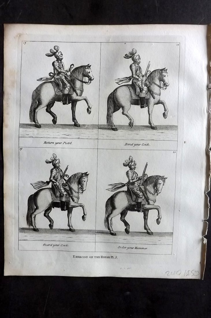 Grose, Francis 1801 Antique Military Print. Exercise of the Horse 05: Copper Plate Published 1801, London for "Military Antiquities Respecting a History of the English Army from the Conquest to the Present Time" by Francis Grose. Paper Size: 10.5 x 8 inch (27 x 21cm) Ve