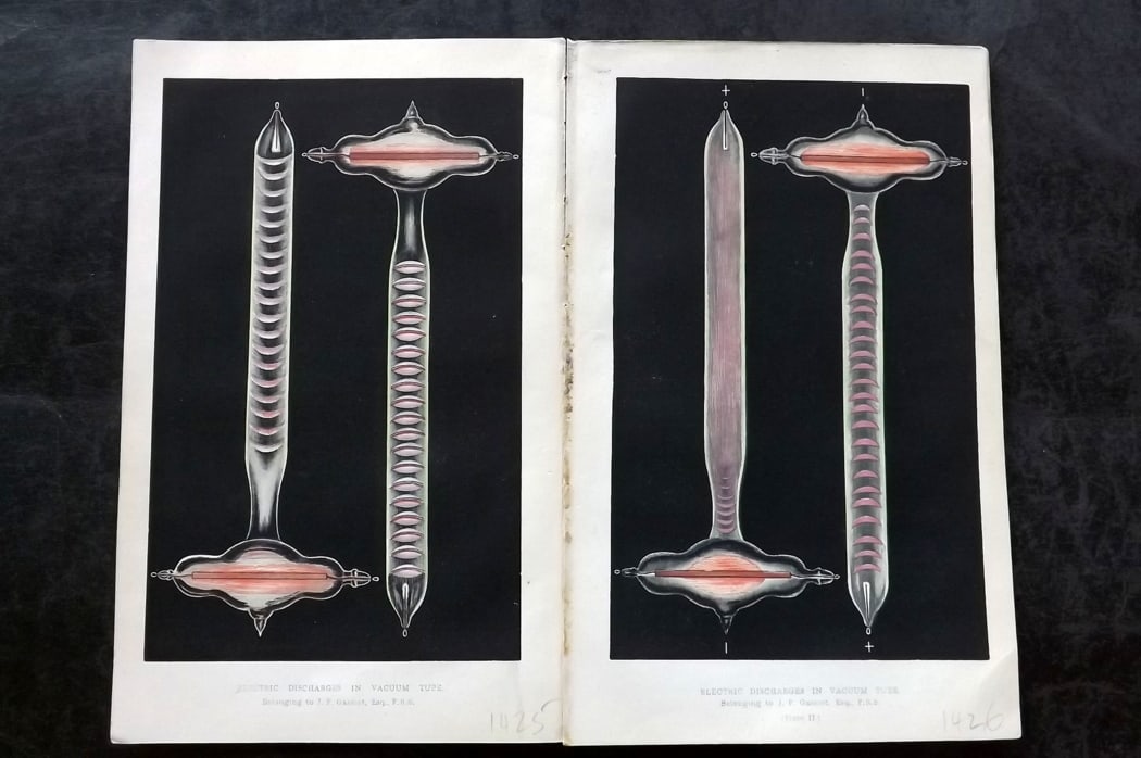 Intellectual Observer 1860's Pair of Science Prints. Electric Discharges in Vacuum Tube: Colour Printed Woodblock Published 1862-68, London for The Intellectual Observer" Paper Size: 8 x 5 inch (21 x 13cm) Good Condition