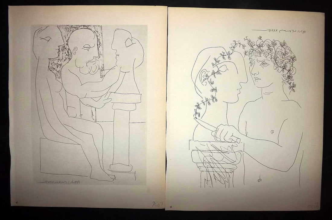 Picasso & Vollard 1956 Pair of Vintage Prints: Photogravures Published 1956, London for "Picasso's Vollard Suite" First English Edition of 100 Etchings created by Picasso between 1930-37. Printed on Good Quality Paper in Germany. Paper Size: 11 x 