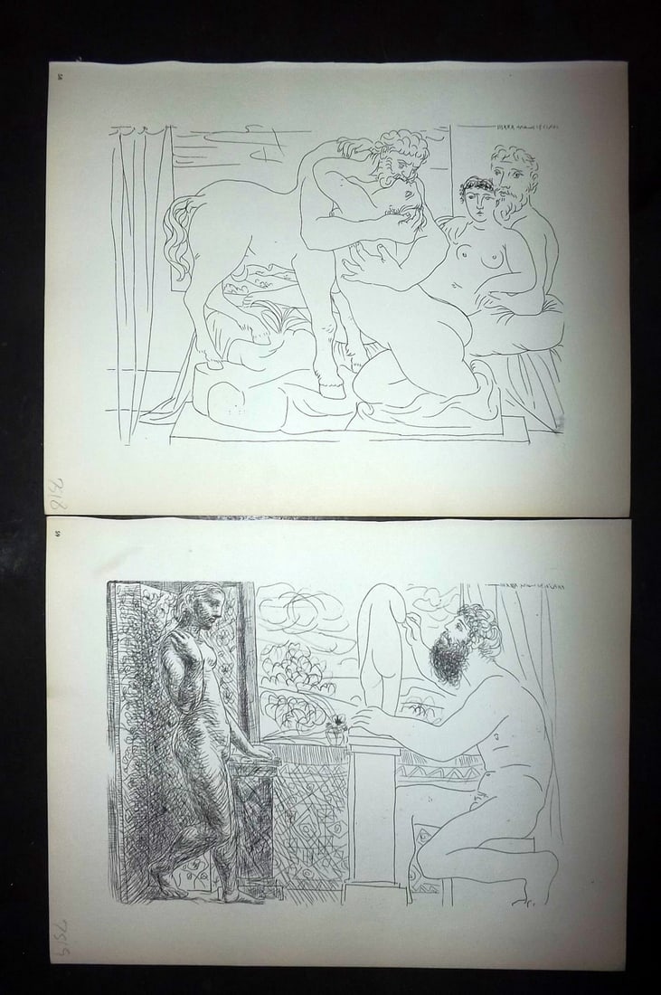 Picasso & Vollard 1956 Pair of Vintage Prints: Photogravures Published 1956, London for "Picasso's Vollard Suite" First English Edition of 100 Etchings created by Picasso between 1930-37. Printed on Good Quality Paper in Germany. Paper Size: 11 x 