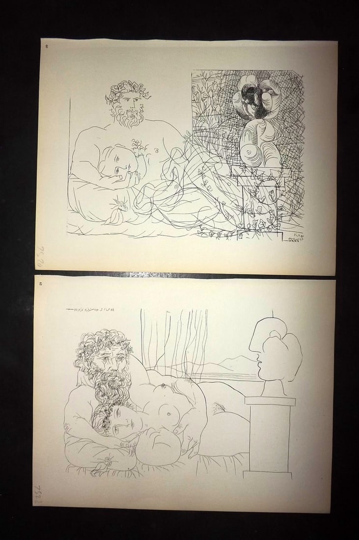 Picasso & Vollard 1956 Pair of Vintage Prints: Photogravures Published 1956, London for "Picasso's Vollard Suite" First English Edition of 100 Etchings created by Picasso between 1930-37. Printed on Good Quality Paper in Germany. Paper Size: 11 x 