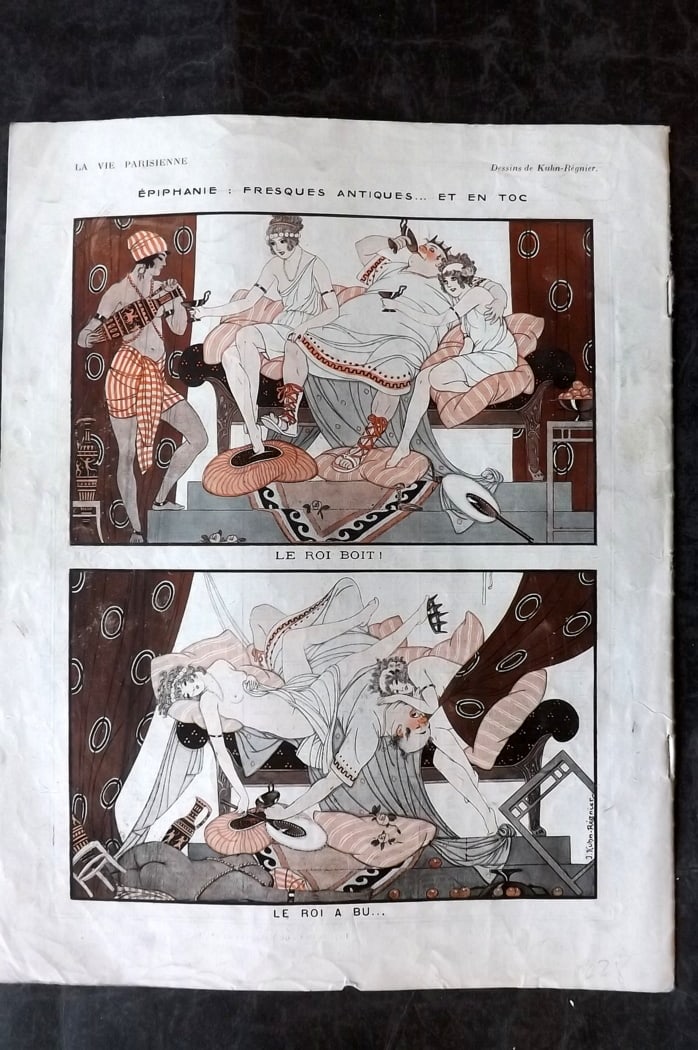 La Vie Parisienne 1921 Art Deco Print. Epiphanie: Fresques Antiques by Kuhn-Regnier: Lithographs Published 1928, Paris for "La Vie Parisienne" Illustrated by Lissac, Barbier, Vallet, Valee, Prejelan, Herouard, Fournier, Kuhn-Regnier, Georges L?onnec and others. Paper Size: 13 x 10 inc