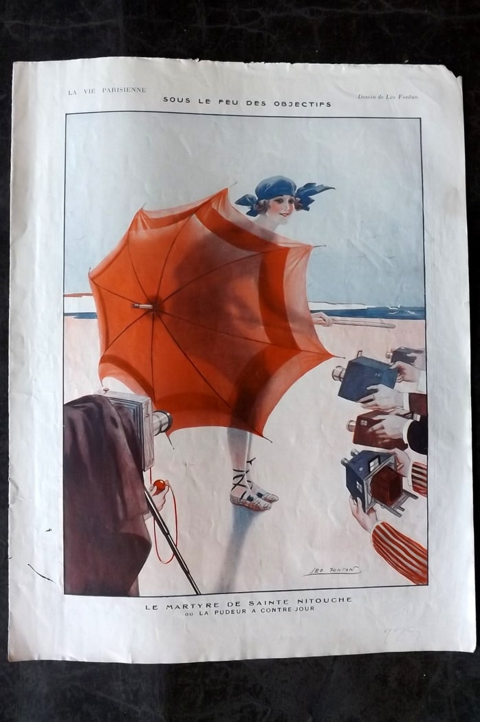 La Vie Parisienne 1921 Art Deco Print. Sous le Feu des Objectifs by Fontan: Lithographs Published 1928, Paris for "La Vie Parisienne" Illustrated by Lissac, Barbier, Vallet, Valee, Prejelan, Herouard, Fournier, Kuhn-Regnier, Georges L?onnec and others. Verso text, but none sh