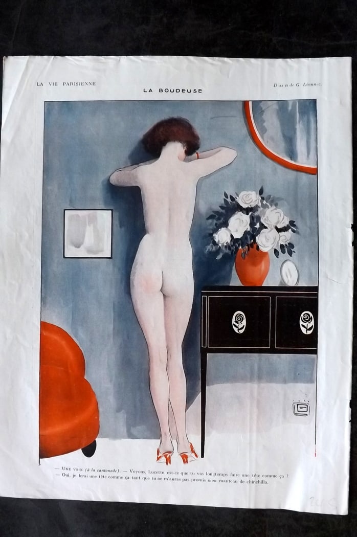 La Vie Parisienne 1922 Art Deco Print. La Boudeuse by Leonnec: Lithographs Published 1928, Paris for "La Vie Parisienne" Illustrated by Lissac, Barbier, Vallet, Valee, Prejelan, Herouard, Fournier, Kuhn-Regnier, Georges L?onnec and others. Verso text, but none sh