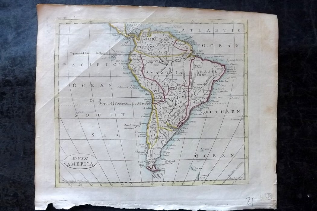 Payne, John 1809 Hand Col Map. South America: Hand Colored Copper Engraved Map Published 1809, Dublin for "Universal Geography, formed into a New and Entire System..." by John Payne. Paper Size: 10 x 8 inch (26 x 21cm) Very minor toning. Good Con